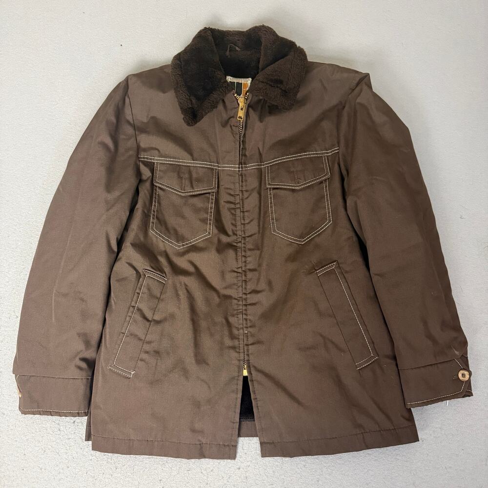 Vintage 70s William Barry Brown Faux Fur Lined Field Jacket Coat USA Made